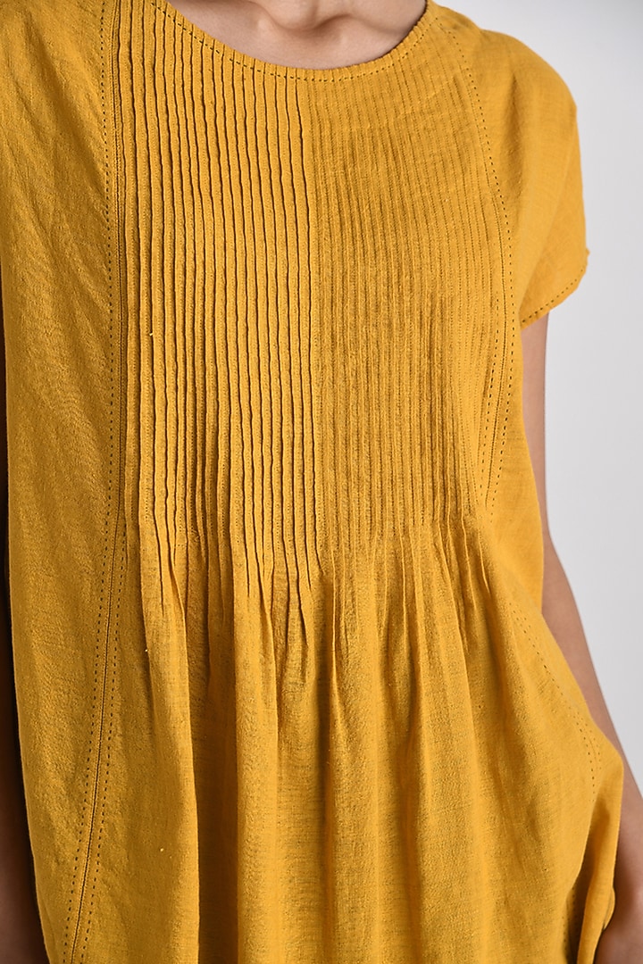 Mustard Yellow Handloom Linen Pleated Top by Payal Pratap at Pernia's Pop Up Shop