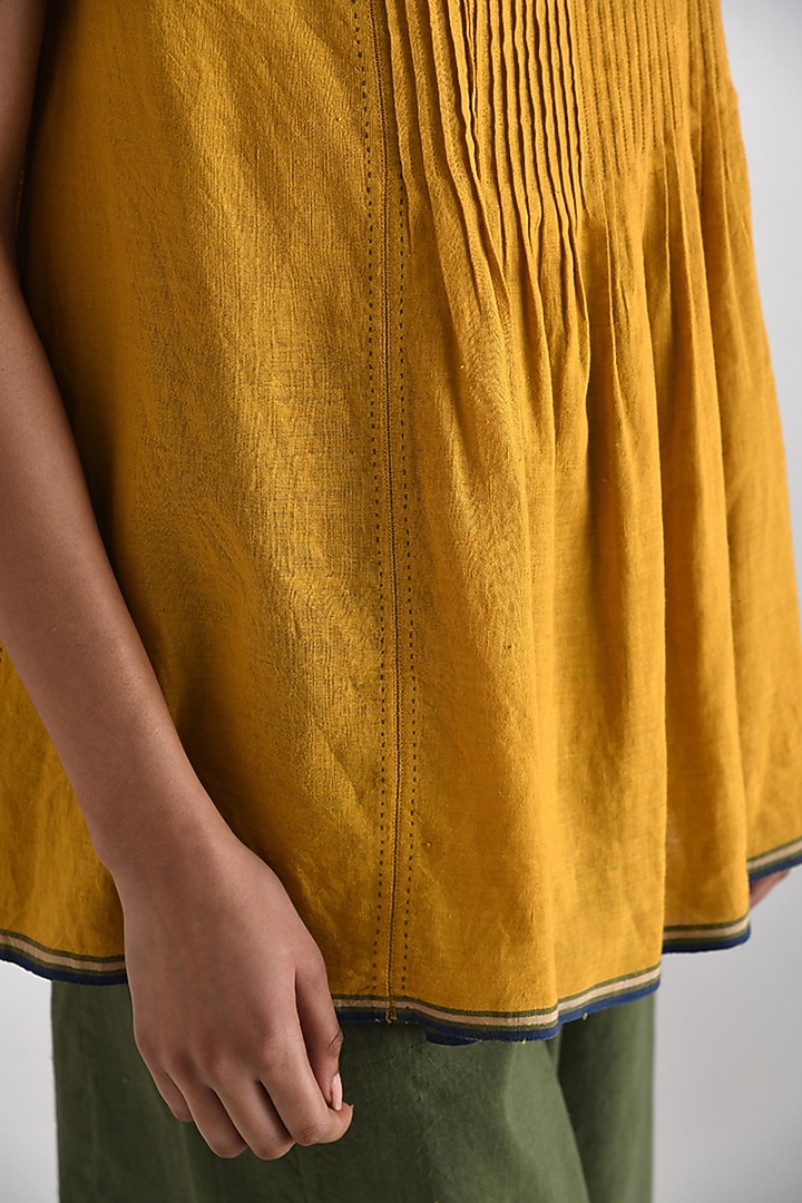 Mustard Yellow Handloom Linen Pleated Top by Payal Pratap at Pernia's Pop Up Shop