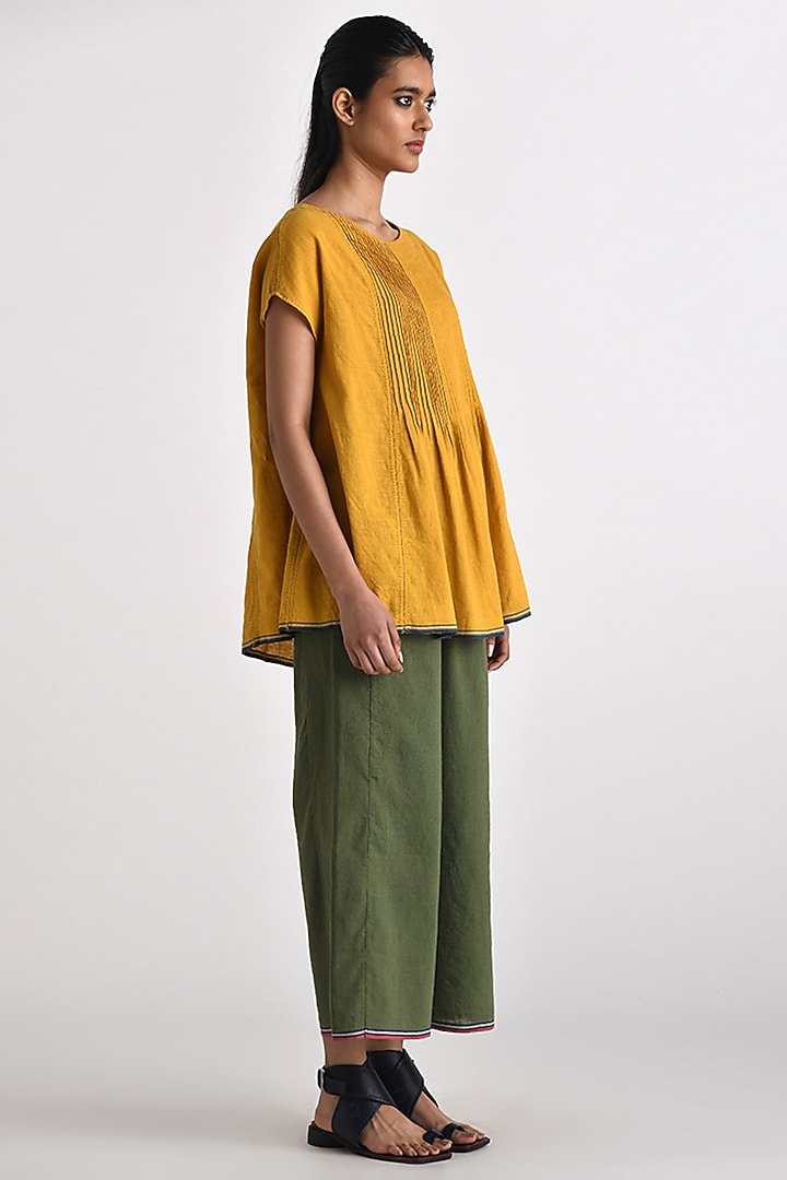 Mustard Yellow Handloom Linen Pleated Top by Payal Pratap at Pernia's Pop Up Shop