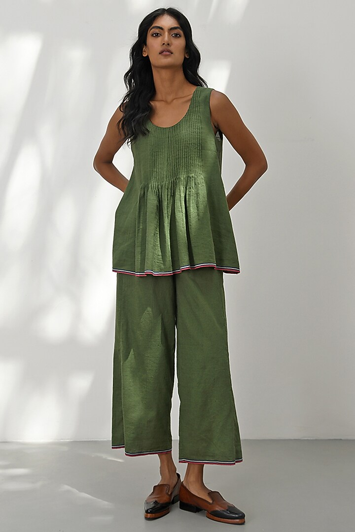 Olive Green Handloom Linen Top by Payal Pratap at Pernia's Pop Up Shop