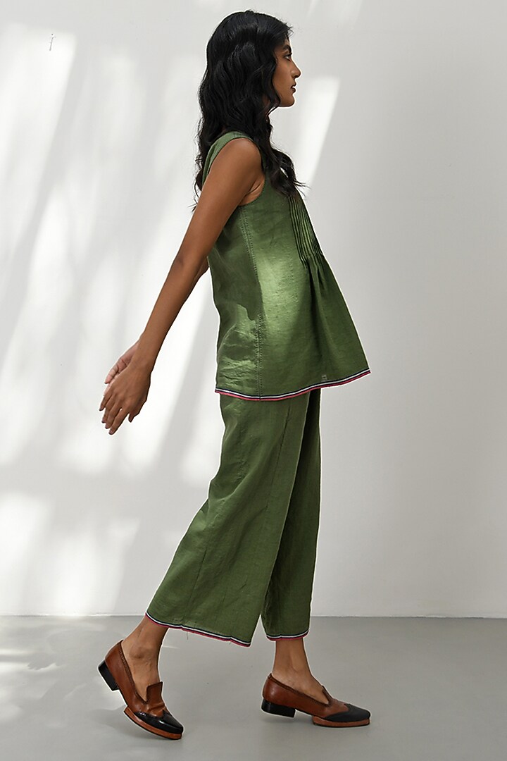 Olive Green Handloom Linen Top by Payal Pratap at Pernia's Pop Up Shop
