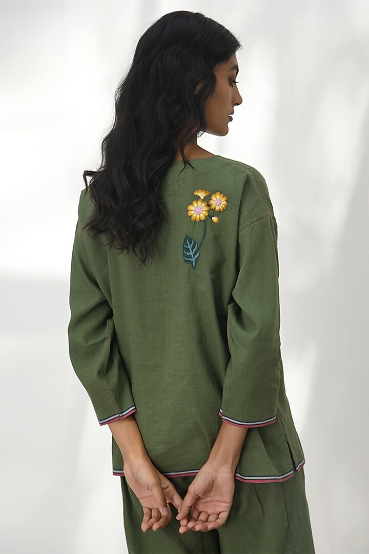 Olive Green Handloom Linen Applique Floral Embroidered Boxy Top by Payal Pratap at Pernia's Pop Up Shop