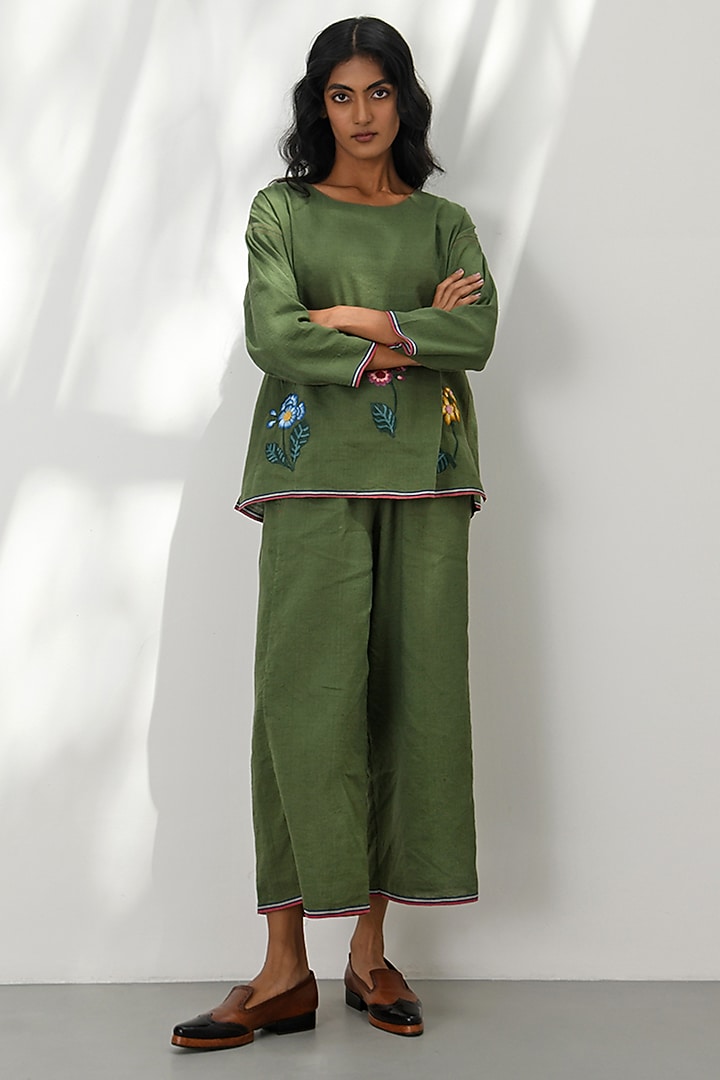 Olive Green Handloom Linen Applique Floral Embroidered Boxy Top by Payal Pratap at Pernia's Pop Up Shop
