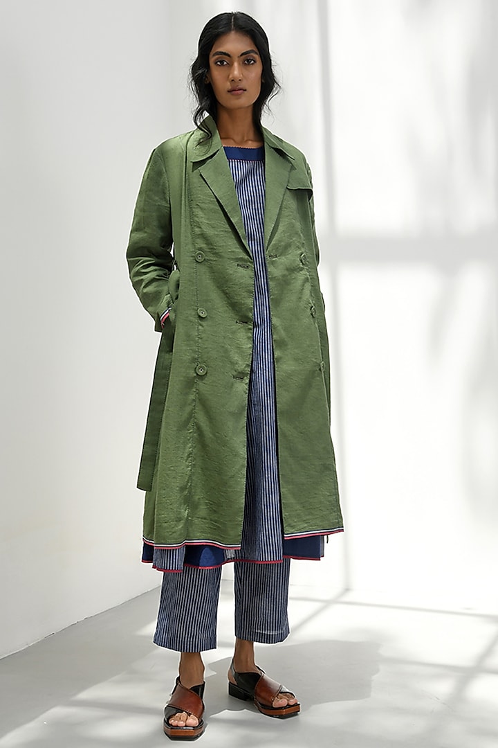 Olive Green Handloom Linen Trench Coat by Payal Pratap at Pernia's Pop Up Shop