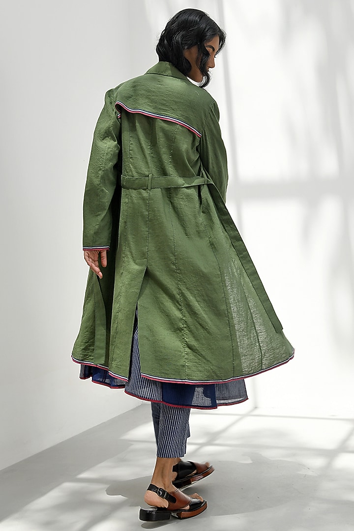 Olive Green Handloom Linen Trench Coat by Payal Pratap at Pernia's Pop Up Shop