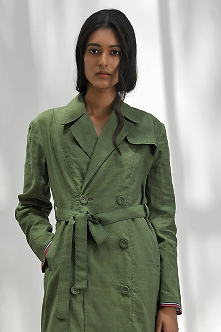 Olive Green Handloom Linen Trench Coat by Payal Pratap at Pernia's Pop Up Shop