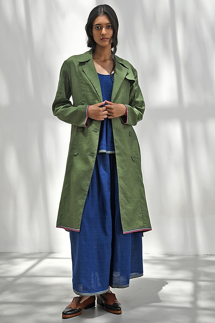 Olive Green Handloom Linen Trench Coat by Payal Pratap at Pernia's Pop Up Shop
