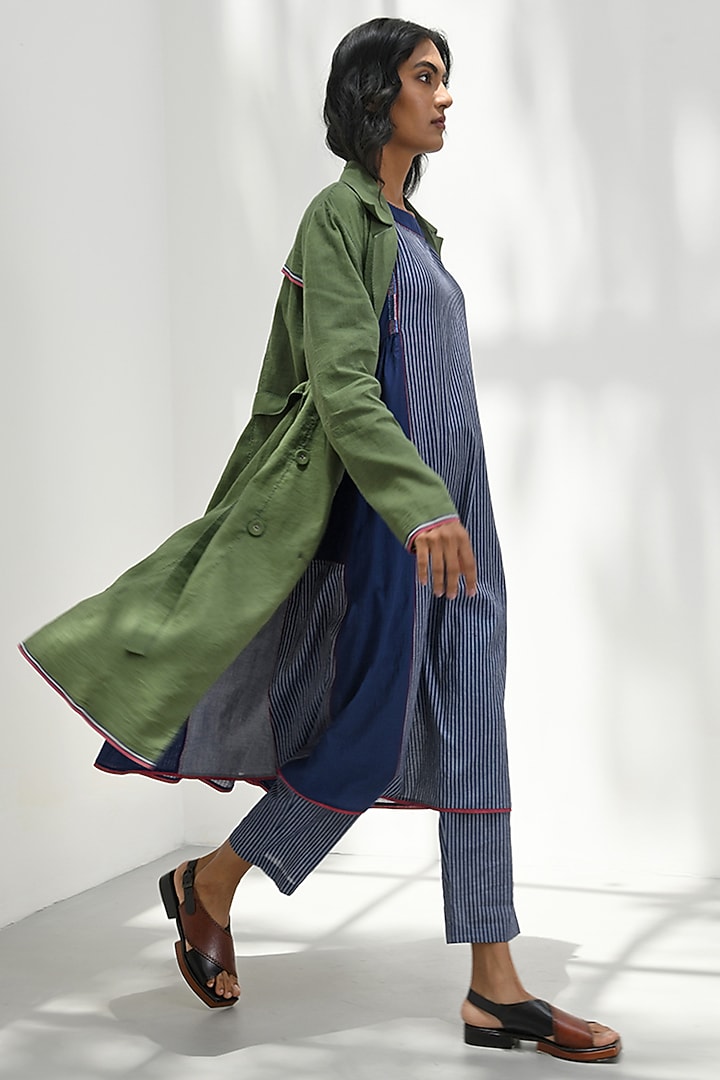 Olive Green Handloom Linen Trench Coat by Payal Pratap at Pernia's Pop Up Shop