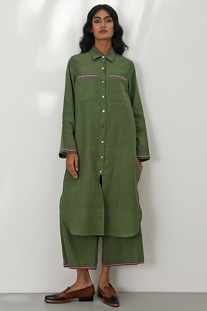 Olive Green Handloom Linen Tunic by Payal Pratap at Pernia's Pop Up Shop