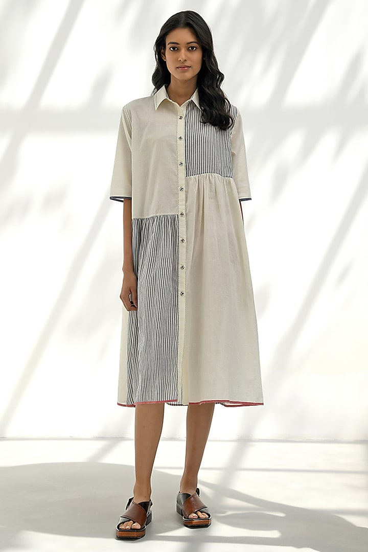 Ivory Handloom Cotton Patchwork Tiered Dress by Payal Pratap at Pernia's Pop Up Shop