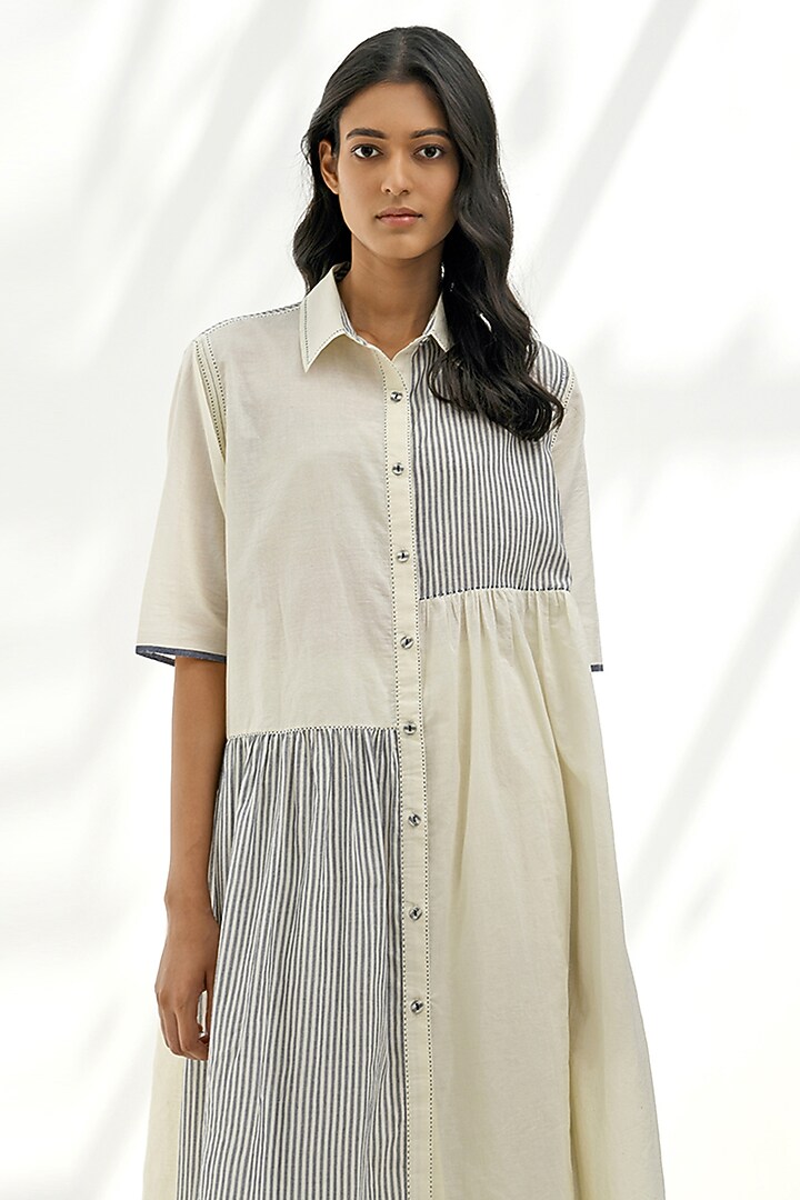 Ivory Handloom Cotton Patchwork Tiered Vacation Dress by Payal Pratap at Pernia's Pop Up Shop