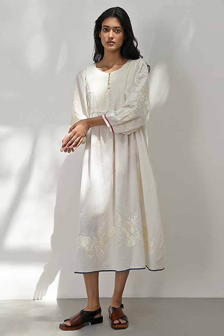 Ivory Handloom Cotton Floral Embroidered Midi Dress by Payal Pratap at Pernia's Pop Up Shop