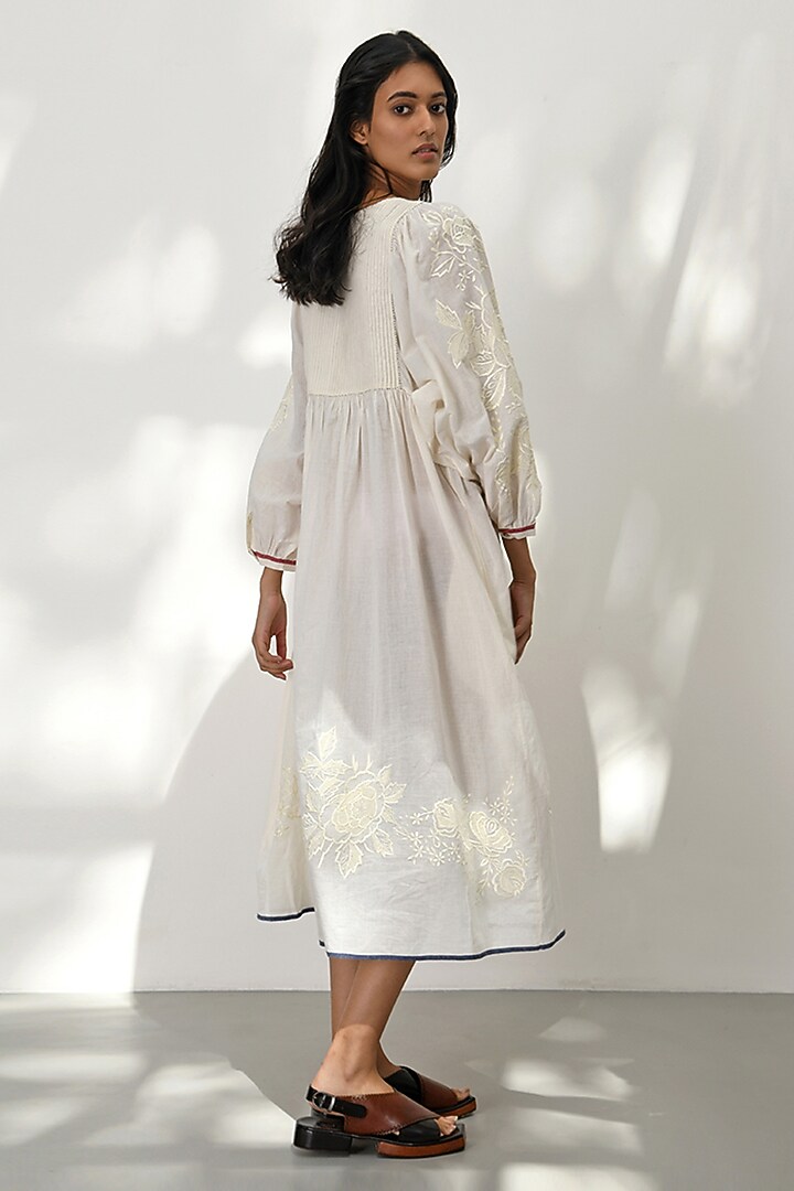 Ivory Handloom Cotton Floral Embroidered Midi Vacation Dress by Payal Pratap at Pernia's Pop Up Shop