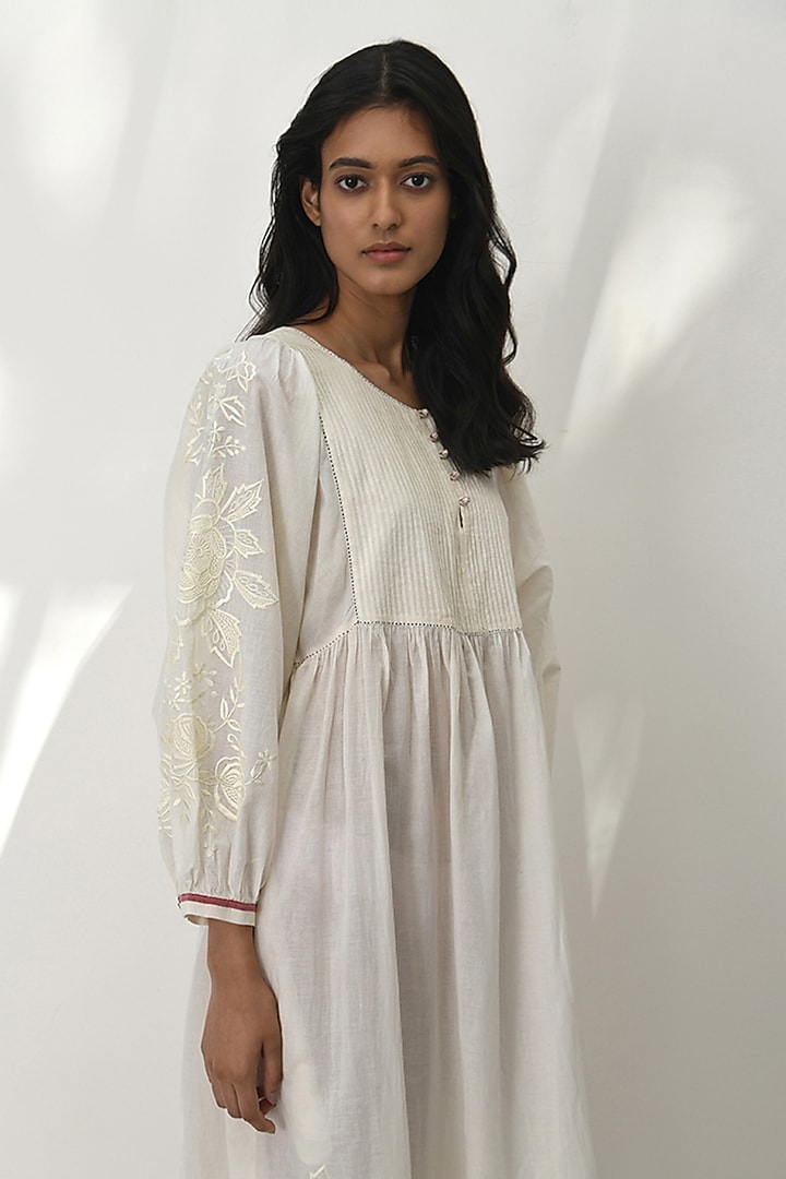 Ivory Handloom Cotton Floral Embroidered Midi Vacation Dress by Payal Pratap at Pernia's Pop Up Shop