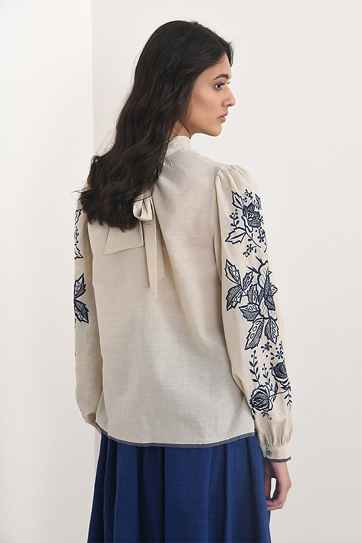 Beige Handloom Cotton Floral Embroidered Polo Neck Top by Payal Pratap at Pernia's Pop Up Shop