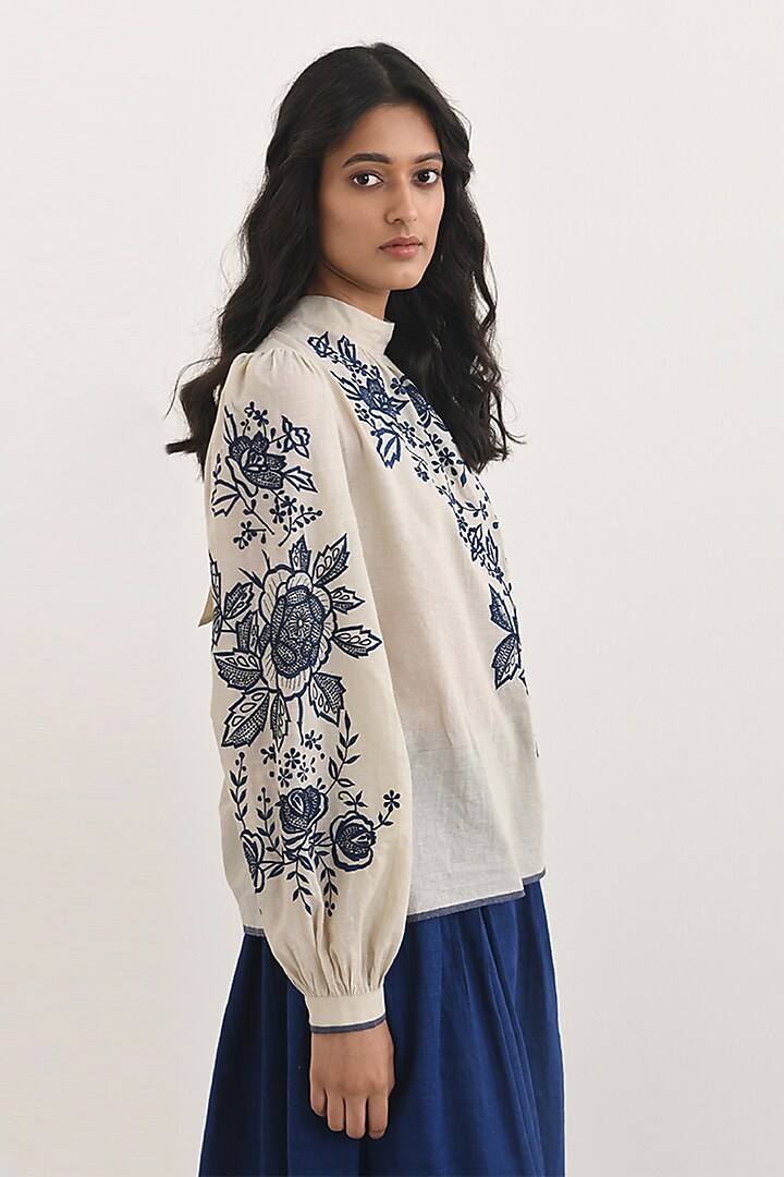 Beige Handloom Cotton Floral Embroidered Polo Neck Top by Payal Pratap at Pernia's Pop Up Shop