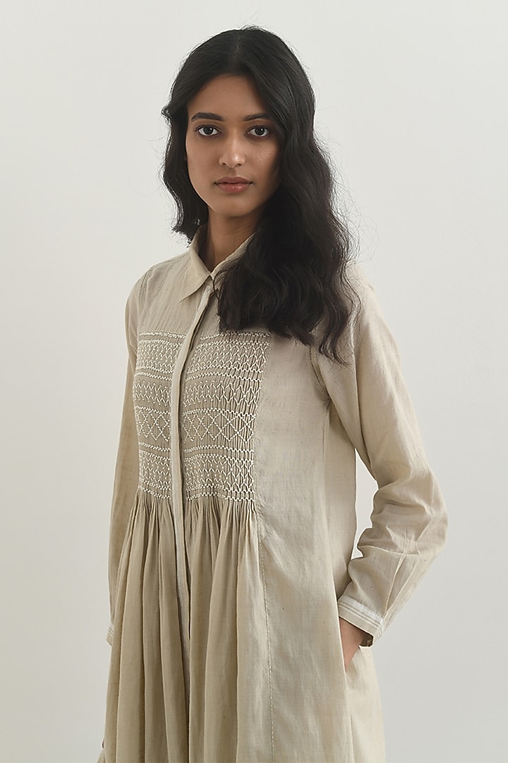 Beige Handloom Cotton Smocked Tunic by Payal Pratap at Pernia's Pop Up Shop