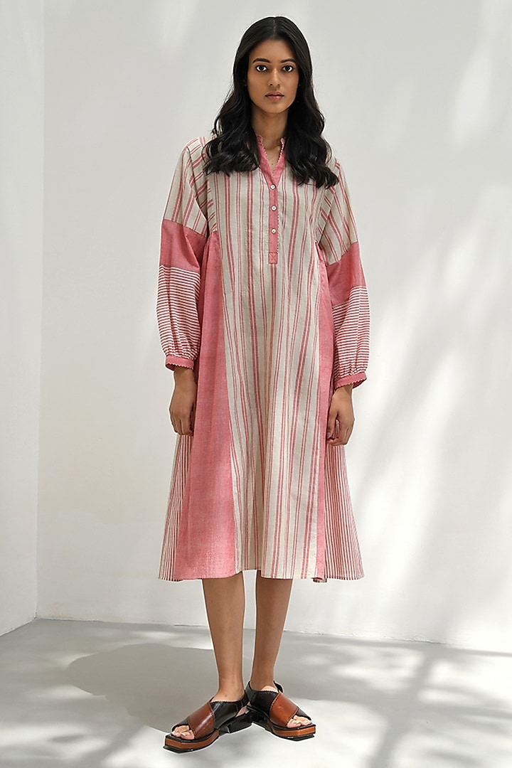 Pink Handloom Cotton Striped Midi Dress by Payal Pratap at Pernia's Pop Up Shop