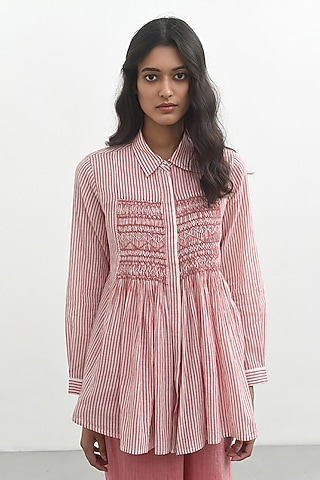 Pink Handloom Cotton Striped Smocked Top by Payal Pratap