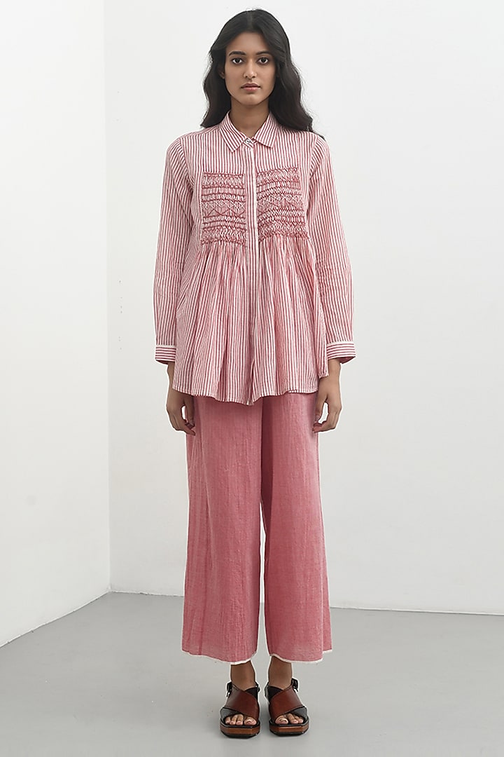 Pink Handloom Cotton Striped Smocked Top by Payal Pratap at Pernia's Pop Up Shop