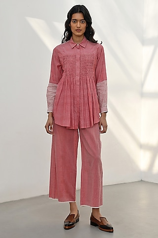 Pink Chambray Cotton Smocked Top by Payal Pratap