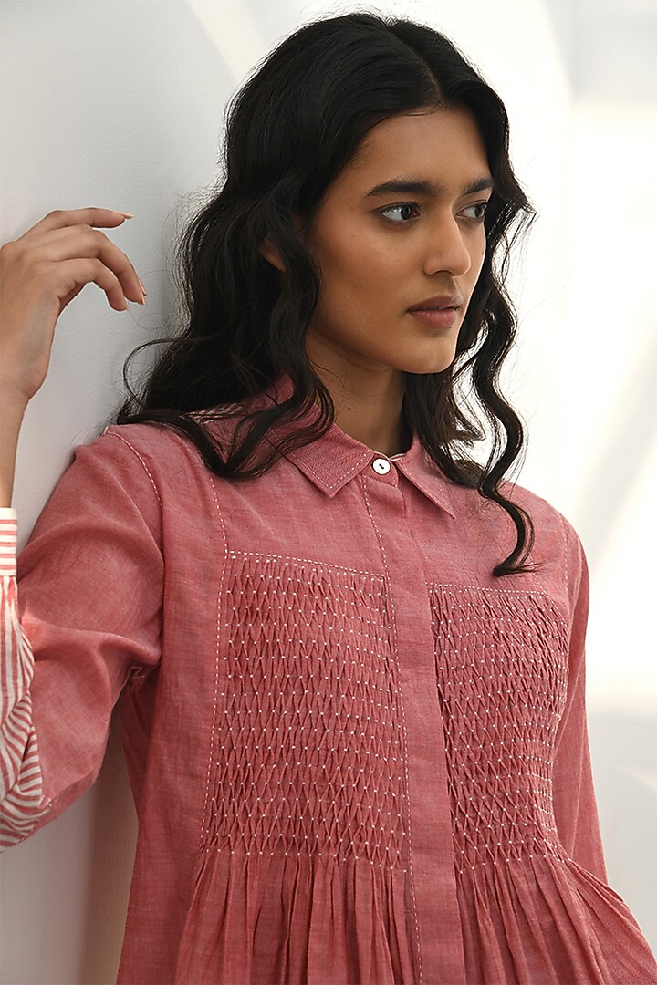 Pink Chambray Cotton Smocked Top by Payal Pratap at Pernia's Pop Up Shop