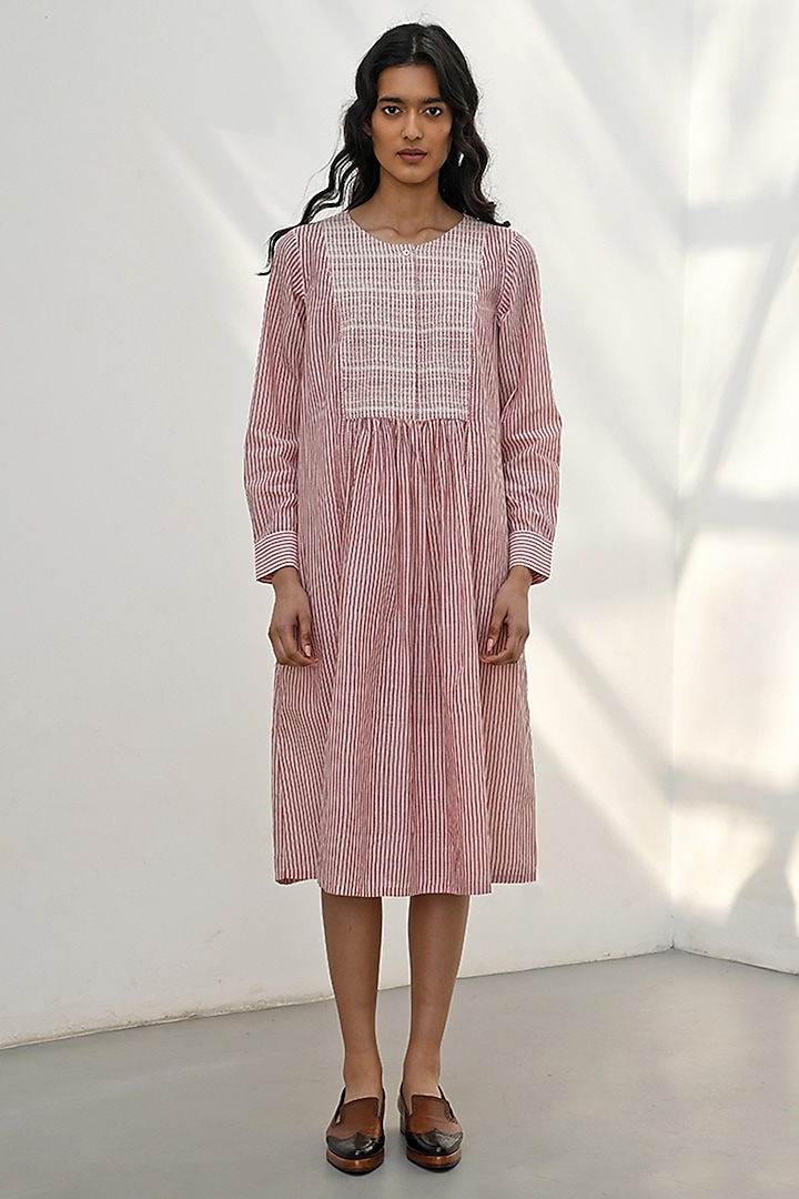 Pink Handloom Cotton Striped Midi Dress by Payal Pratap at Pernia's Pop Up Shop