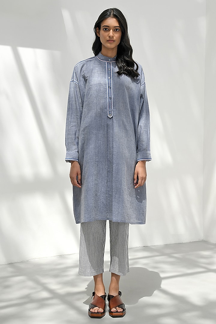 Blue Chambray Cotton Hand Embroidered Tunic by Payal Pratap at Pernia's Pop Up Shop