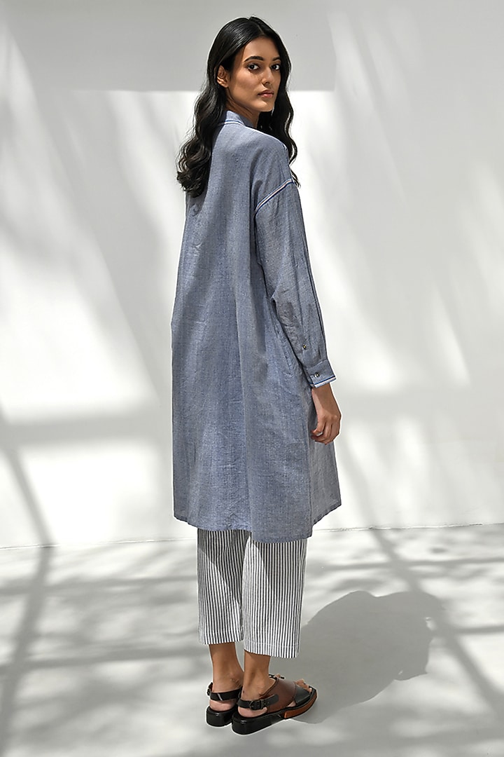 Blue Chambray Cotton Hand Embroidered Tunic by Payal Pratap at Pernia's Pop Up Shop