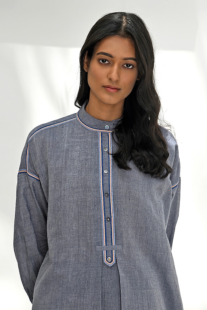 Blue Chambray Cotton Hand Embroidered Tunic by Payal Pratap at Pernia's Pop Up Shop