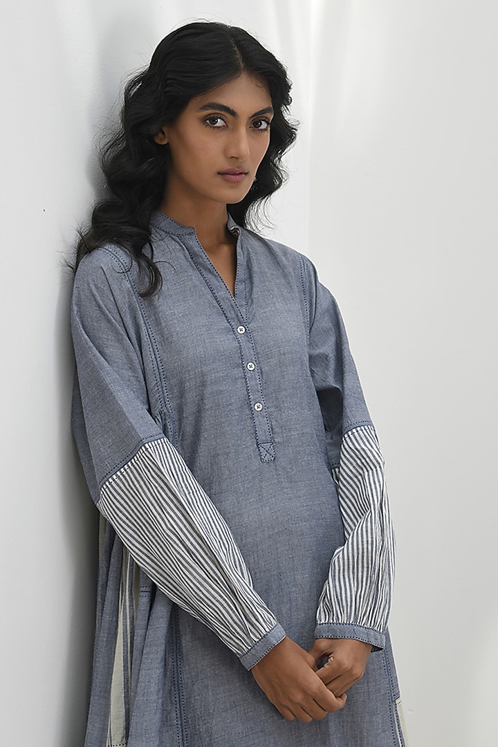 Blue Chambray Cotton Striped Midi Vacation Dress by Payal Pratap at Pernia's Pop Up Shop