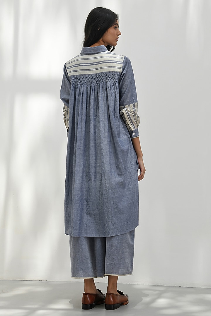 Blue Chambray Cotton Smocked Tunic by Payal Pratap at Pernia's Pop Up Shop