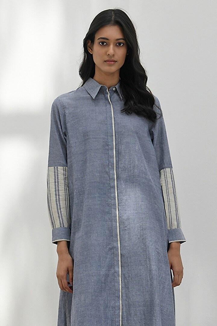 Blue Chambray Cotton Smocked Tunic by Payal Pratap at Pernia's Pop Up Shop