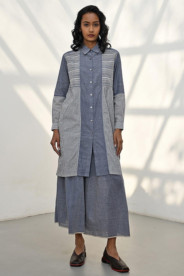 Blue Chambray Cotton Striped Tunic by Payal Pratap at Pernia's Pop Up Shop