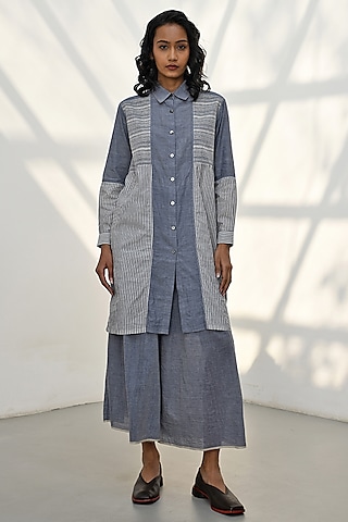 Blue Chambray Cotton Striped Tunic by Payal Pratap
