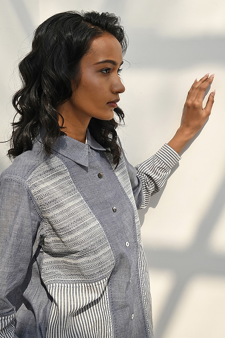 Blue Chambray Cotton Striped Tunic by Payal Pratap at Pernia's Pop Up Shop