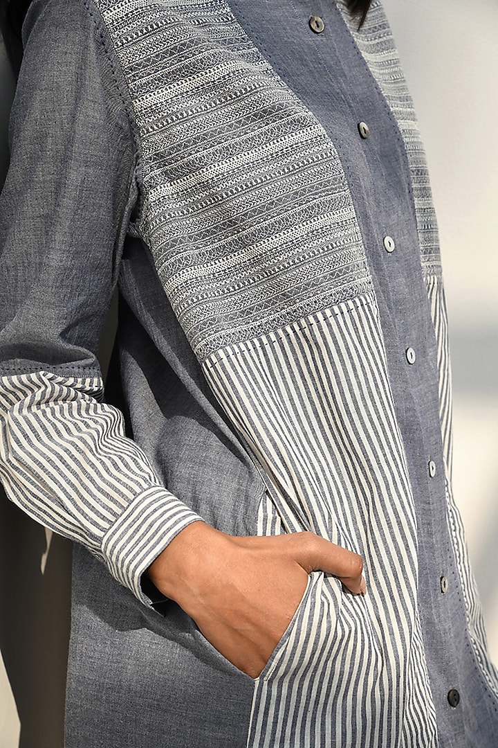 Blue Chambray Cotton Striped Tunic by Payal Pratap at Pernia's Pop Up Shop
