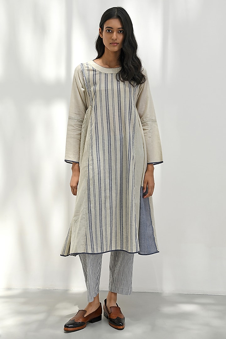 Beige Handloom Cotton Striped Tunic by Payal Pratap at Pernia's Pop Up Shop