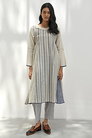 Beige Handloom Cotton Striped Tunic by Payal Pratap