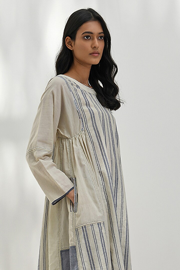 Beige Handloom Cotton Striped Tunic by Payal Pratap at Pernia's Pop Up Shop