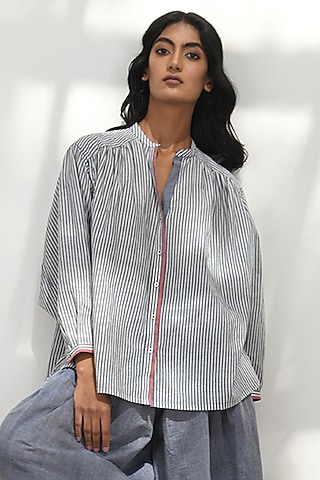 Blue Handloom Cotton Baggy Shirt by Payal Pratap