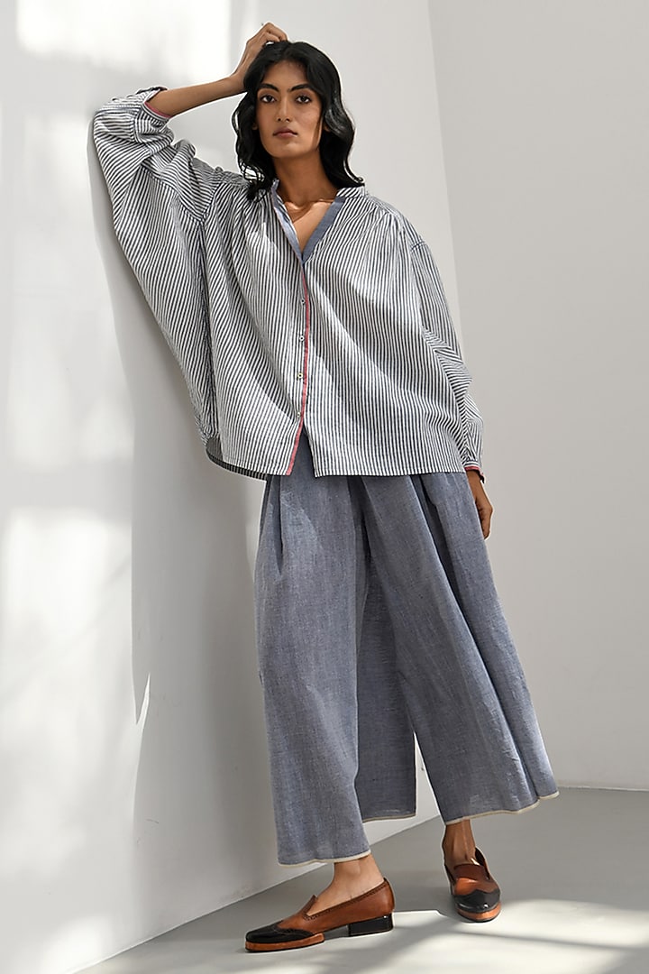 Blue Handloom Cotton Baggy Shirt by Payal Pratap at Pernia's Pop Up Shop