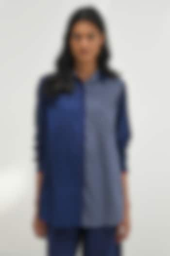 Navy Blue Handloom Cotton Color-Blocked Shirt by Payal Pratap at Pernia's Pop Up Shop