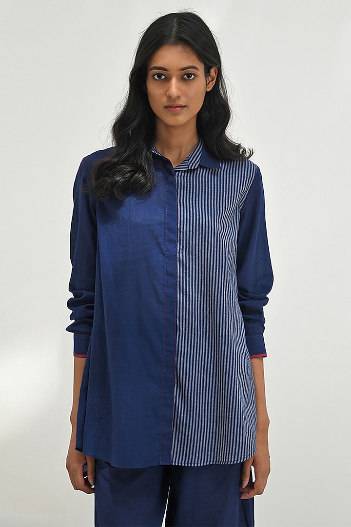 Navy Blue Handloom Cotton Color-Blocked Shirt by Payal Pratap at Pernia's Pop Up Shop