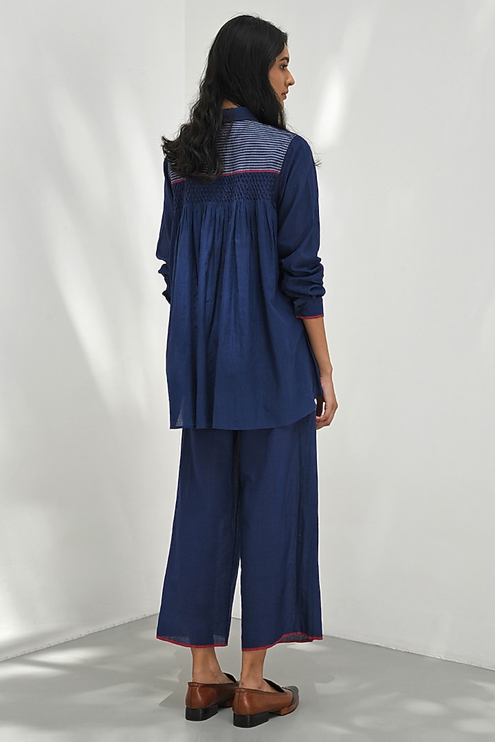Navy Blue Handloom Cotton Color-Blocked Shirt by Payal Pratap at Pernia's Pop Up Shop
