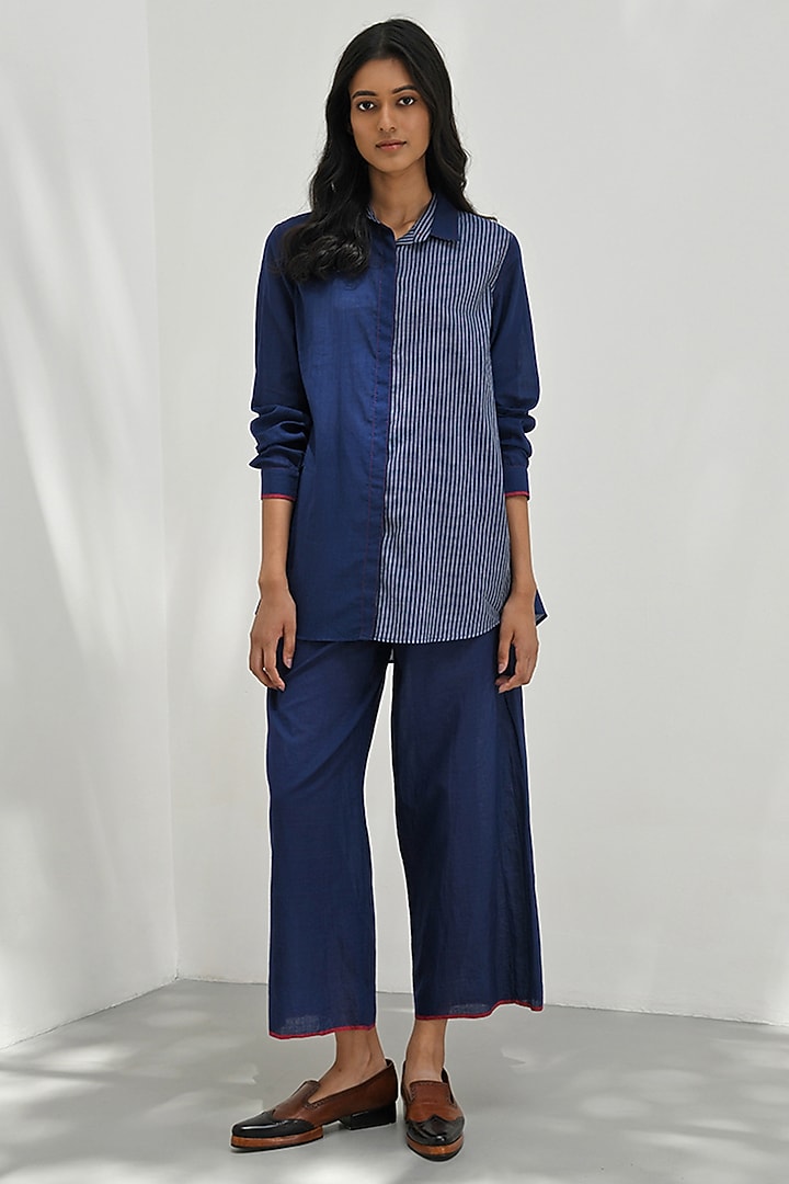 Navy Blue Handloom Cotton Color-Blocked Shirt by Payal Pratap at Pernia's Pop Up Shop