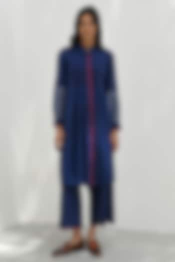 Navy Blue Handloom Cotton Smocked Tunic by Payal Pratap at Pernia's Pop Up Shop