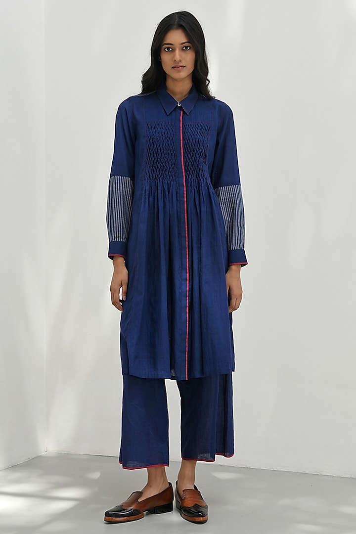 Navy Blue Handloom Cotton Smocked Tunic by Payal Pratap at Pernia's Pop Up Shop