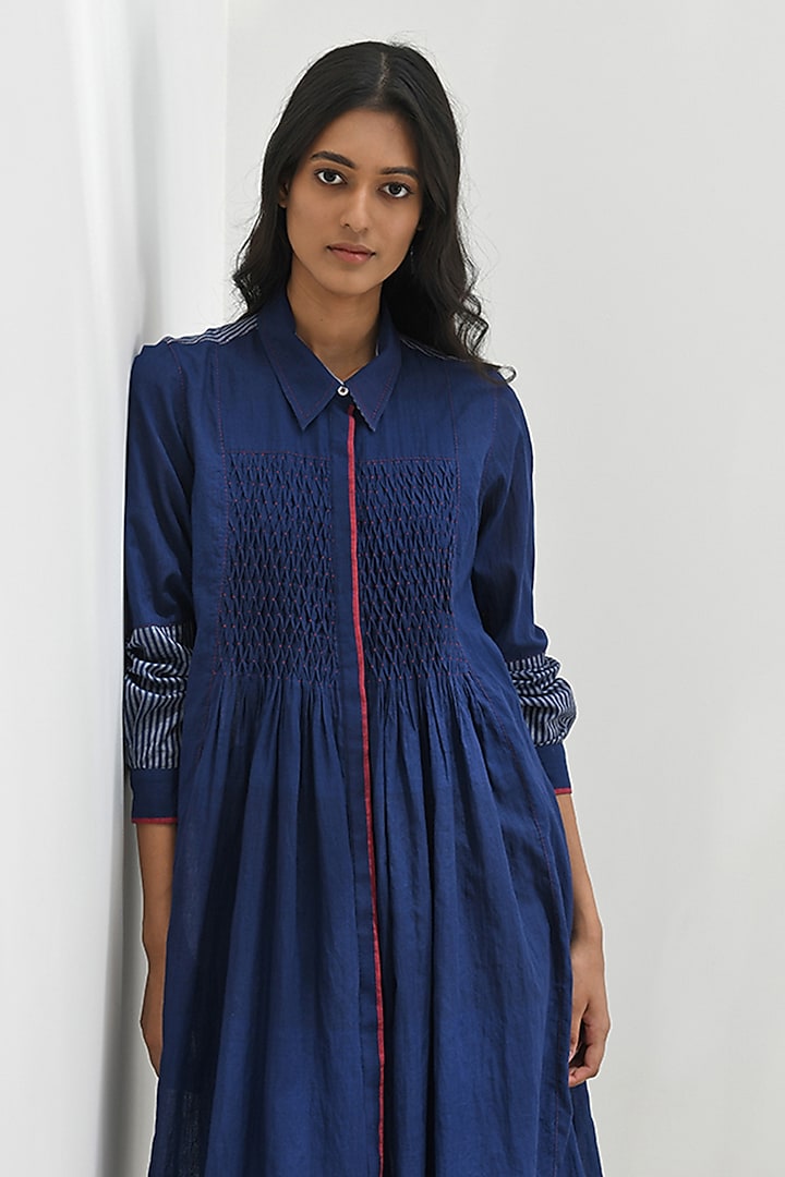 Navy Blue Handloom Cotton Smocked Tunic by Payal Pratap at Pernia's Pop Up Shop