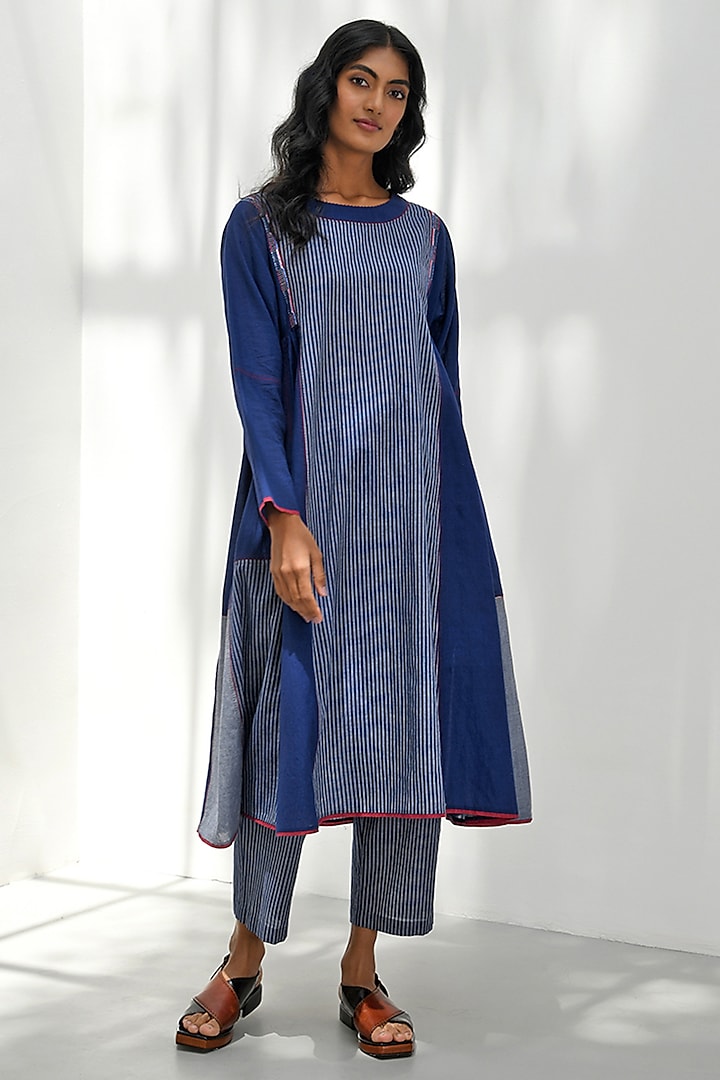 Navy Blue Handloom Cotton Embroidered Striped Tunic by Payal Pratap at Pernia's Pop Up Shop